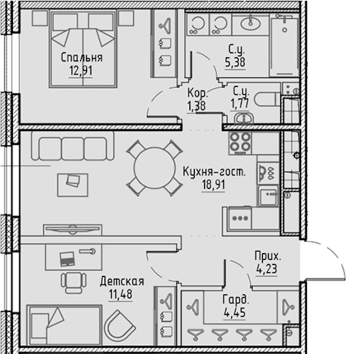 2-комнатная квартира 60.51 м², 7/10 эт., ЖК «LEGENDA Сампсониевский 32»